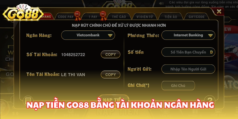 Hướng dẫn nạp tiền Go88 chơi tài xỉu đổi thưởng an toàn
